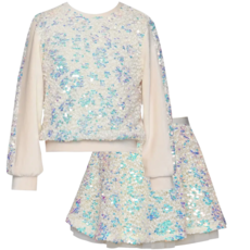 Baby Sara LS IRIDESCENT SEQUIN TOP W/SKATER SKIRT-IVORY