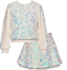 Baby Sara LS IRIDESCENT SEQUIN TOP W/SKATER SKIRT-IVORY