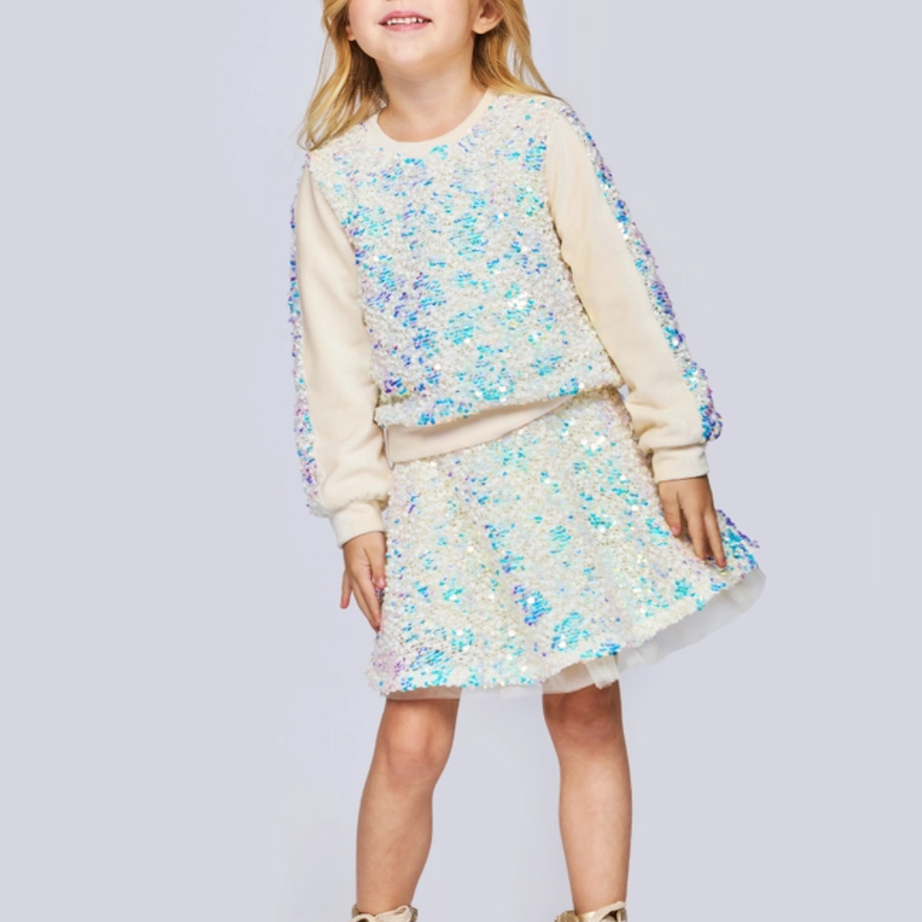 Baby Sara LS IRIDESCENT SEQUIN TOP W/SKATER SKIRT-IVORY
