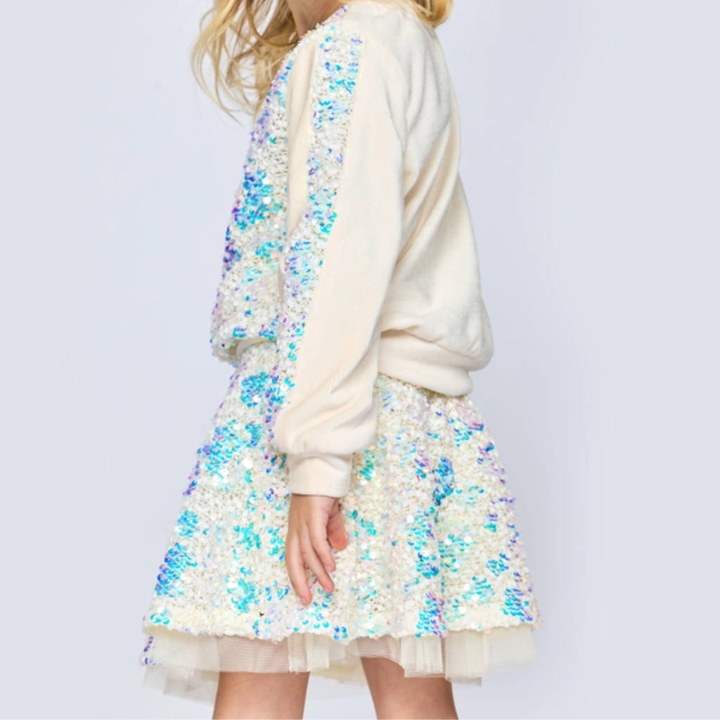 Baby Sara LS IRIDESCENT SEQUIN TOP W/SKATER SKIRT-IVORY