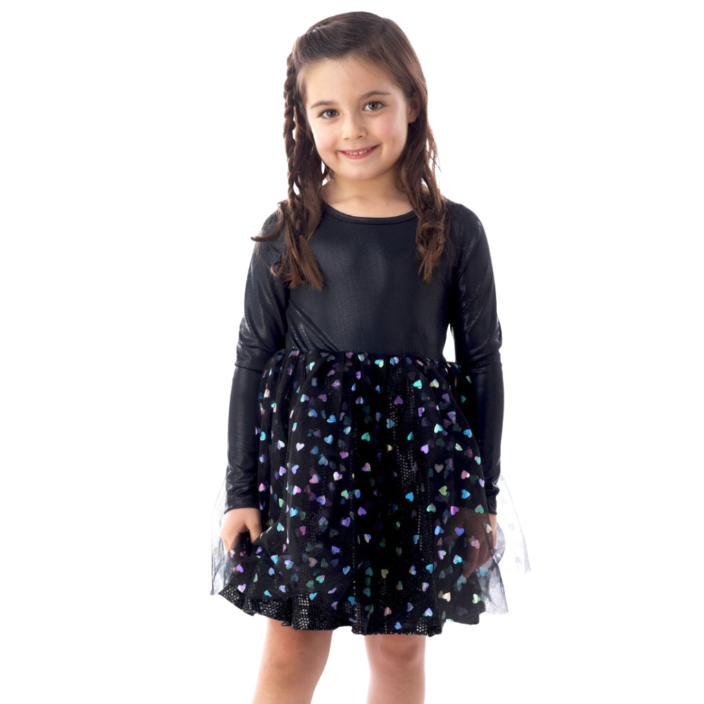 ROCKWILDE LS BLACK DRESS W/METALLIC HEART MESH OVER SKIRT