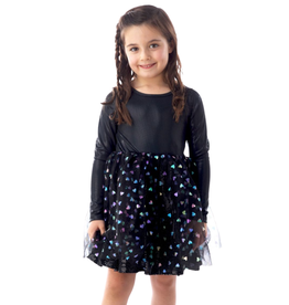 ROCKWILDE LS BLACK DRESS W/METALLIC HEART MESH OVER SKIRT