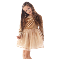 ROCKWILDE LS CHAMPAGNE DRESS W/RHINESTONE/GEM AT NECKLINE