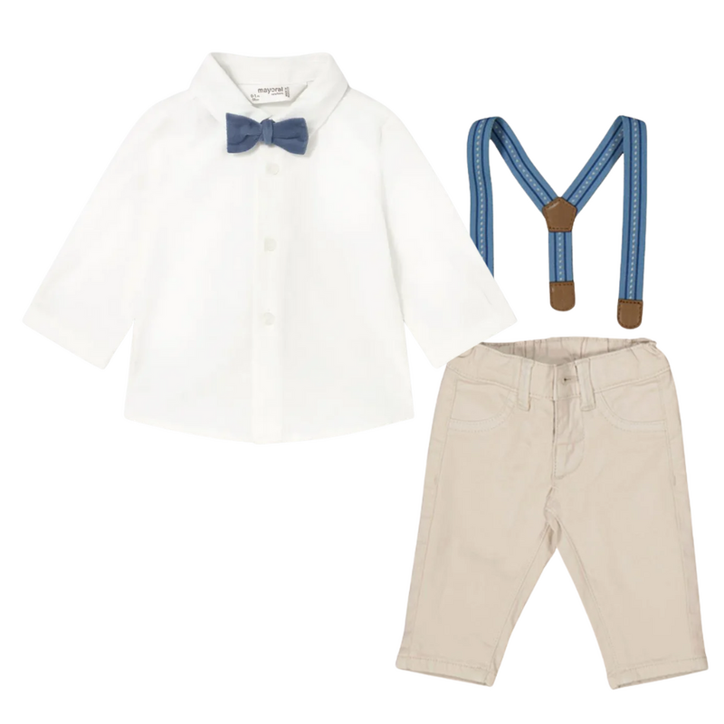 Boy's L/S Shirt w/Suspender Pant Stone