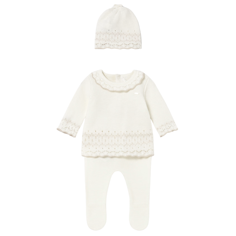 Girl's LS Knit Top w/Leg Warmer & Hat Set-Natural