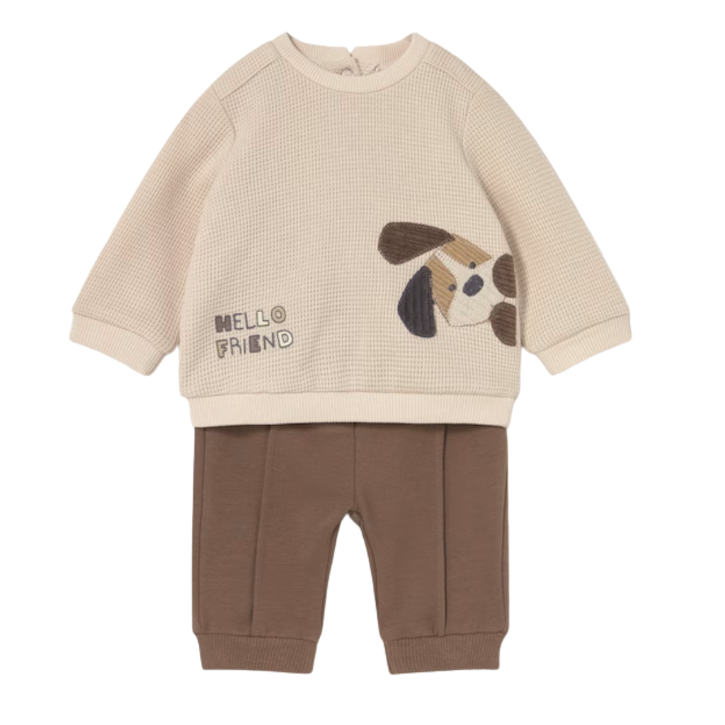 Boy's LS Top Hello Friend w/Solid Joggers-Brown