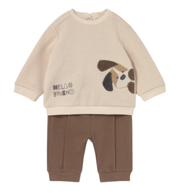 Boy's LS Top Hello Friend w/Solid Joggers-Brown