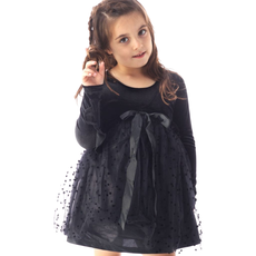 ROCKWILDE BLACK VELVET LS DRESS W/CENTER FRONT BOW