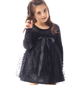ROCKWILDE BLACK VELVET LS DRESS W/CENTER FRONT BOW