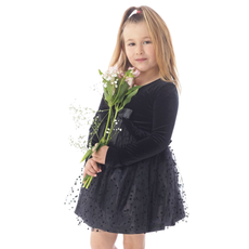 ROCKWILDE BLACK VELVET LS DRESS W/CENTER FRONT BOW
