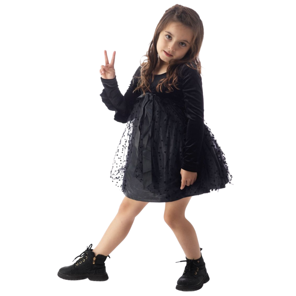 ROCKWILDE BLACK VELVET LS DRESS W/CENTER FRONT BOW