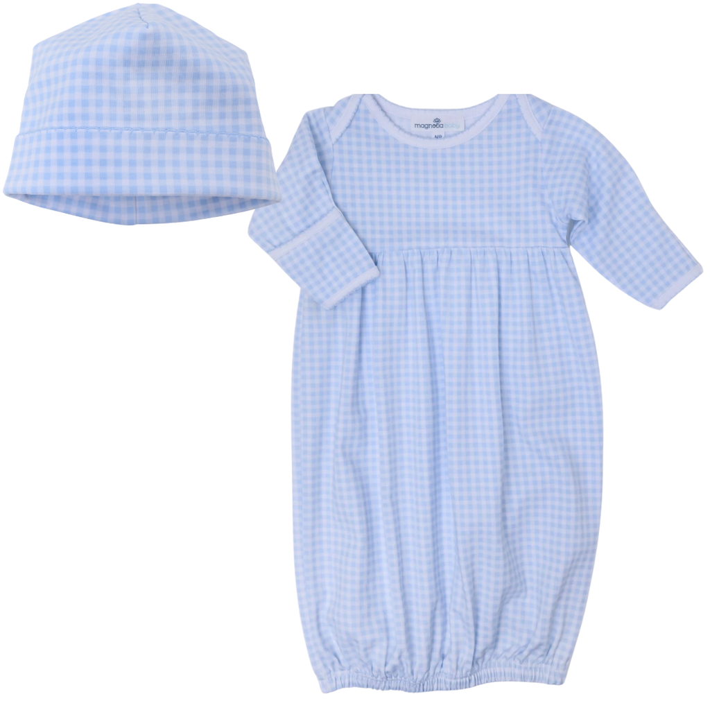 MAGNOLIA BABY MINI CHECKS GATHERED GOWN W/HAT
