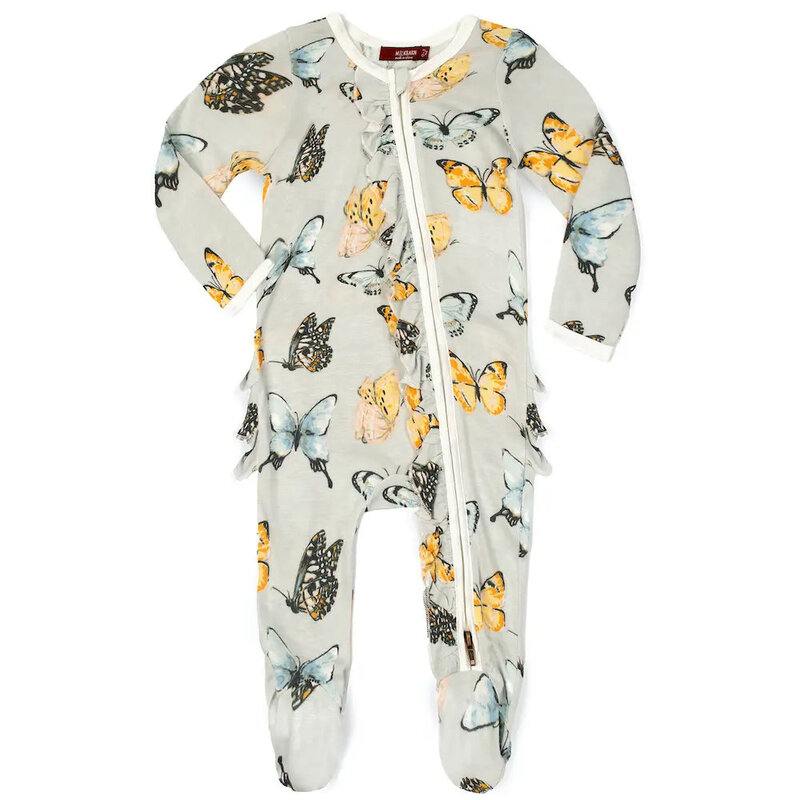 MILKBARN BAMBOO RUFFLE ZIPPER FOOTED ROMPER BUTTERFLY