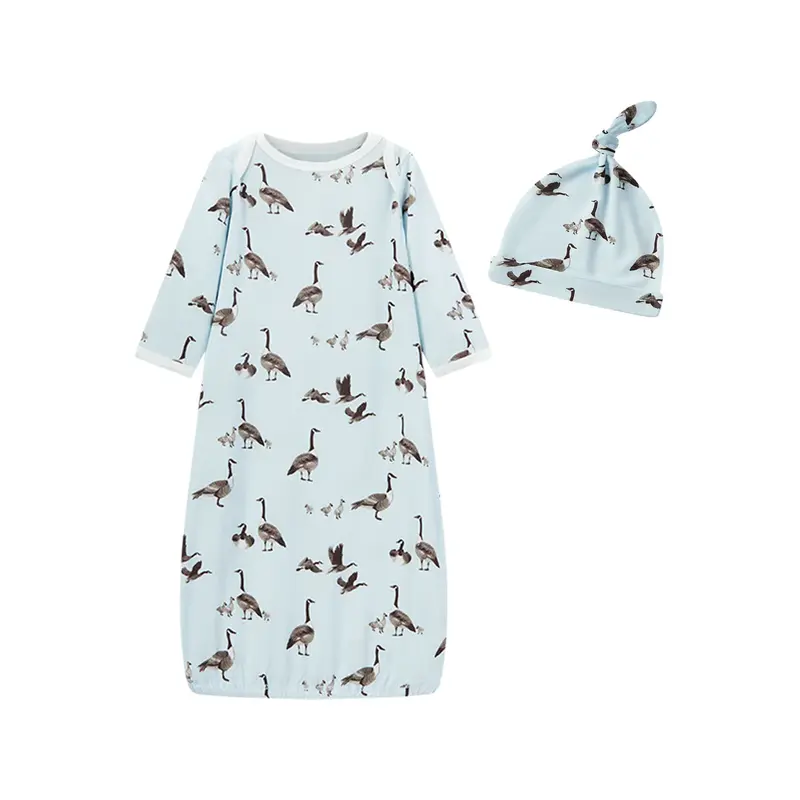 MILKBARN LUXE STRETCH NB GOWN & HAT SET GOOSE