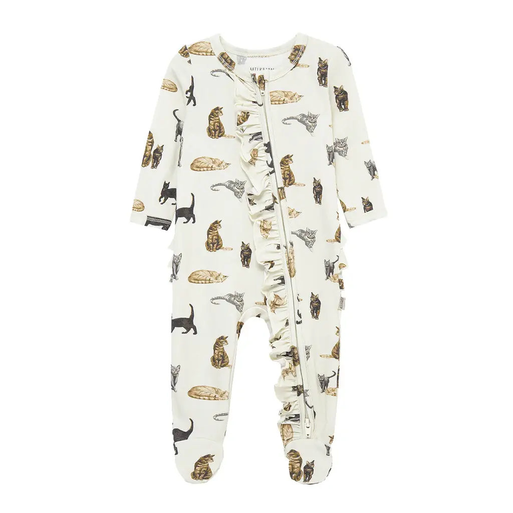 MILKBARN COTTON STRETCH RUFFLE FOOTED ROMPER CAT
