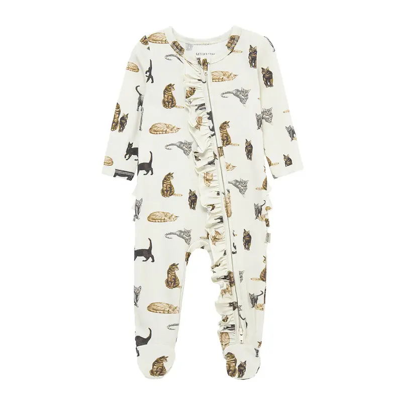 MILKBARN COTTON STRETCH RUFFLE FOOTED ROMPER CAT