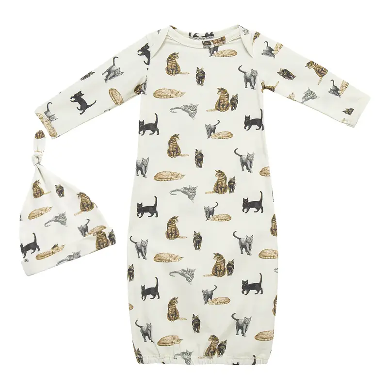 MILKBARN COTTON STRETCH NB GOWN & HAT SET CAT
