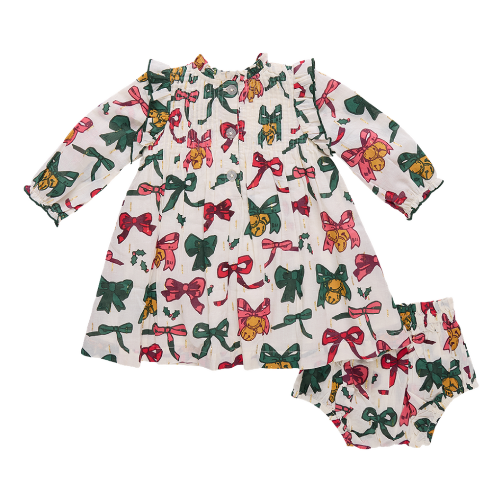 PINK CHICKEN baby girls jaipur dress set- christmas bows and bells