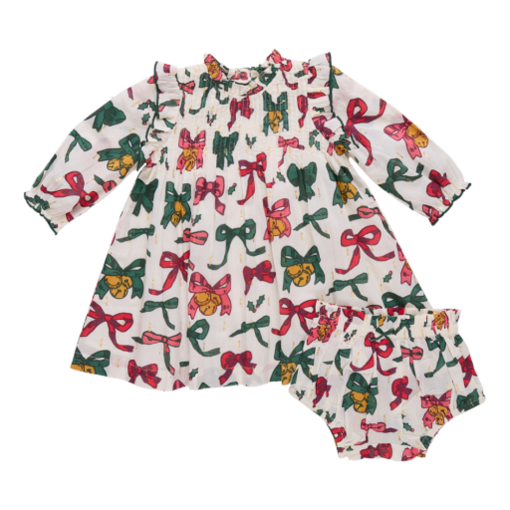PINK CHICKEN baby girls jaipur dress set- christmas bows and bells