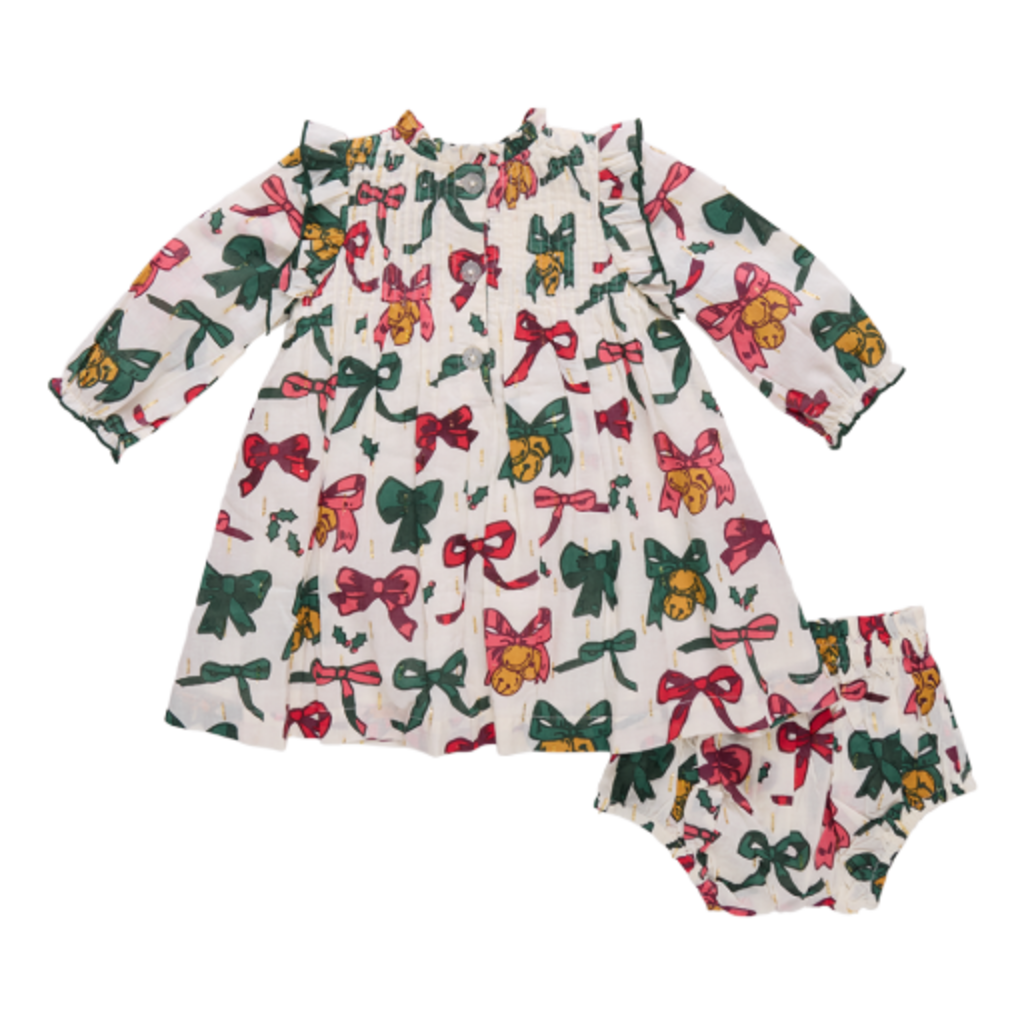 PINK CHICKEN baby girls jaipur dress set- christmas bows and bells