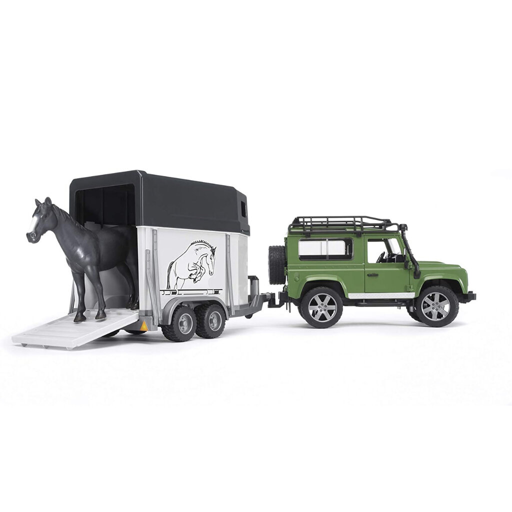 BRUDER LAND ROVER DEFENDER STATION WAGON W HORSE TRAILER AND HORSE