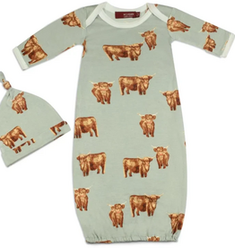 MILKBARN BAMBOO NB GOWN & HAT SET - HIGHLAND COW