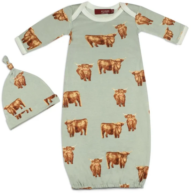 MILKBARN BAMBOO NB GOWN & HAT SET - HIGHLAND COW