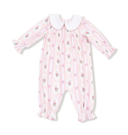 ANGEL DEAR Ogee Lace Floral - Smocked L/S Romper W/ Peter Pan Collar