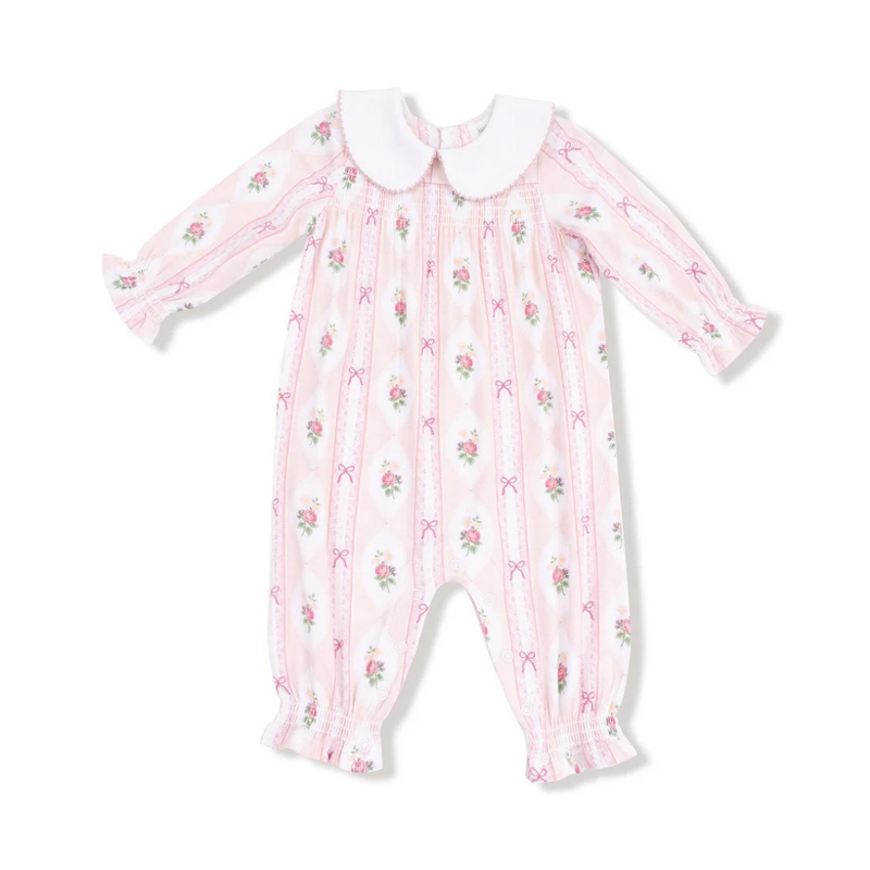 ANGEL DEAR Ogee Lace Floral - Smocked L/S Romper W/ Peter Pan Collar