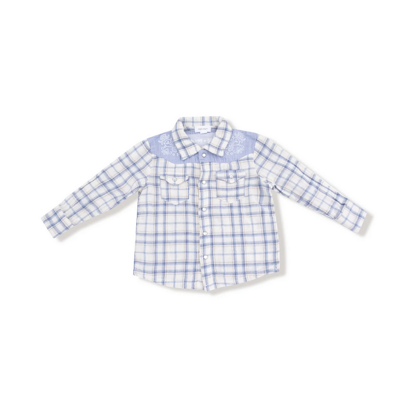 ANGEL DEAR Blue Plaid - L/S Western Pearl Snap Shirt with Howdy Embroidery on Back