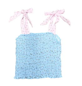 FLOWERS BY ZOE BLUE TOP W/PINK ROSES