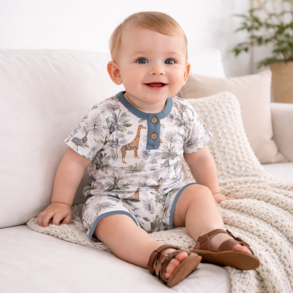 TESA BABE JUNGLE SAFARI SS HENLEY ROMPER