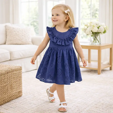 TRUFFLES RUFFLES ESTELLE BLUE EYELET DRESS W/RUFFLE SLEEVE