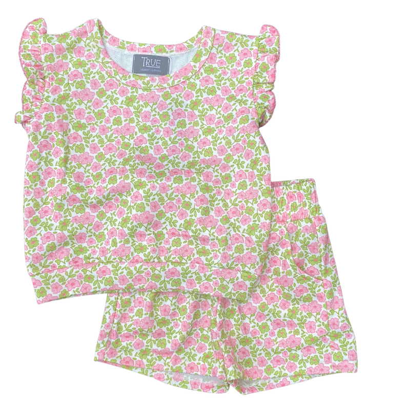 TRUE GIRL'S PINK AND GREEN TERRY SHORT SET