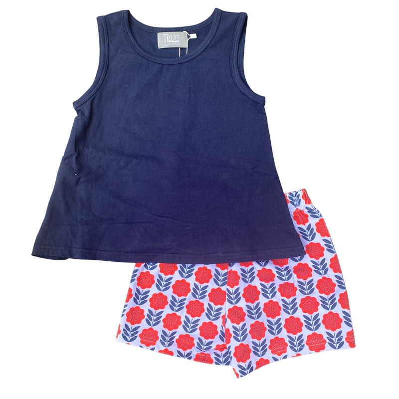 TRUE GIRL'S NAVY RUFFLE BACK SHORT SET