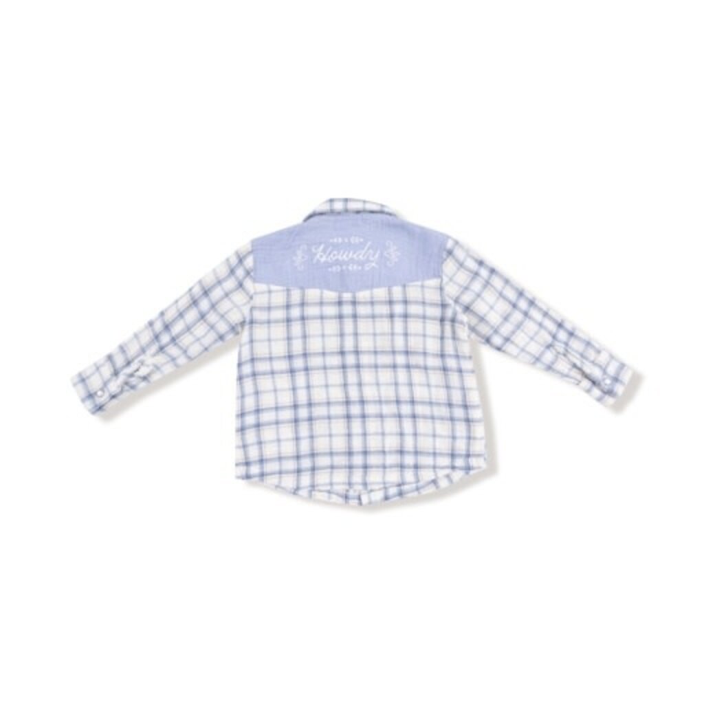 ANGEL DEAR Blue Plaid - L/S Western Pearl Snap Shirt with Howdy Embroidery on Back