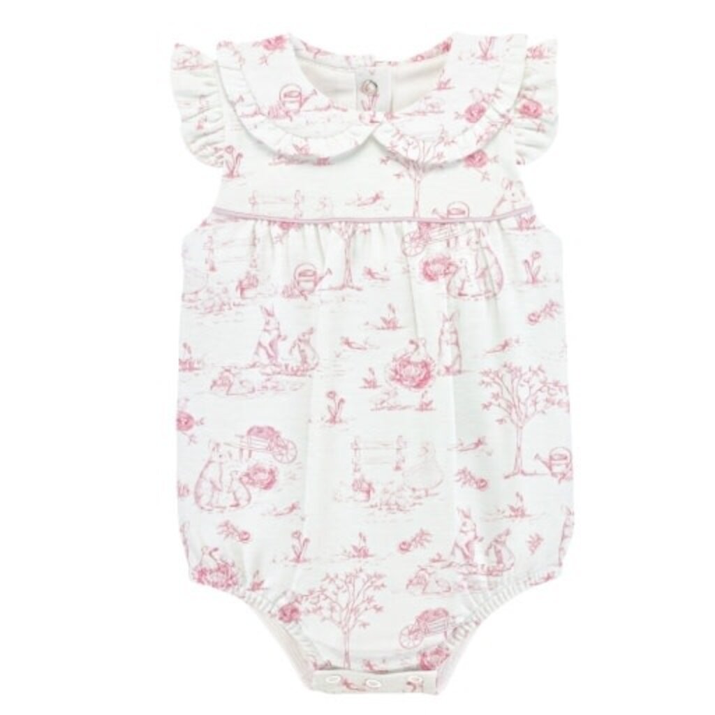 BABY CLUB CHIC pink toile bunnies bubble w/round collar & bows