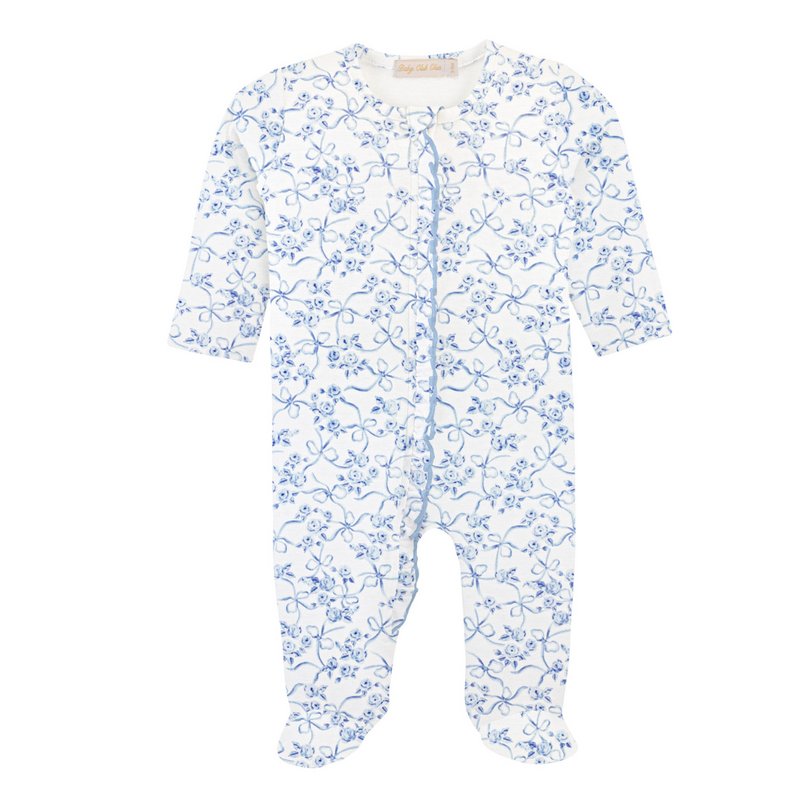 BABY CLUB CHIC blue romantic toile zipper footie w/ruffles