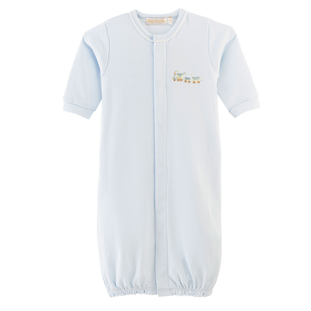 BABY CLUB CHIC little train conv. gown w/ piping trim