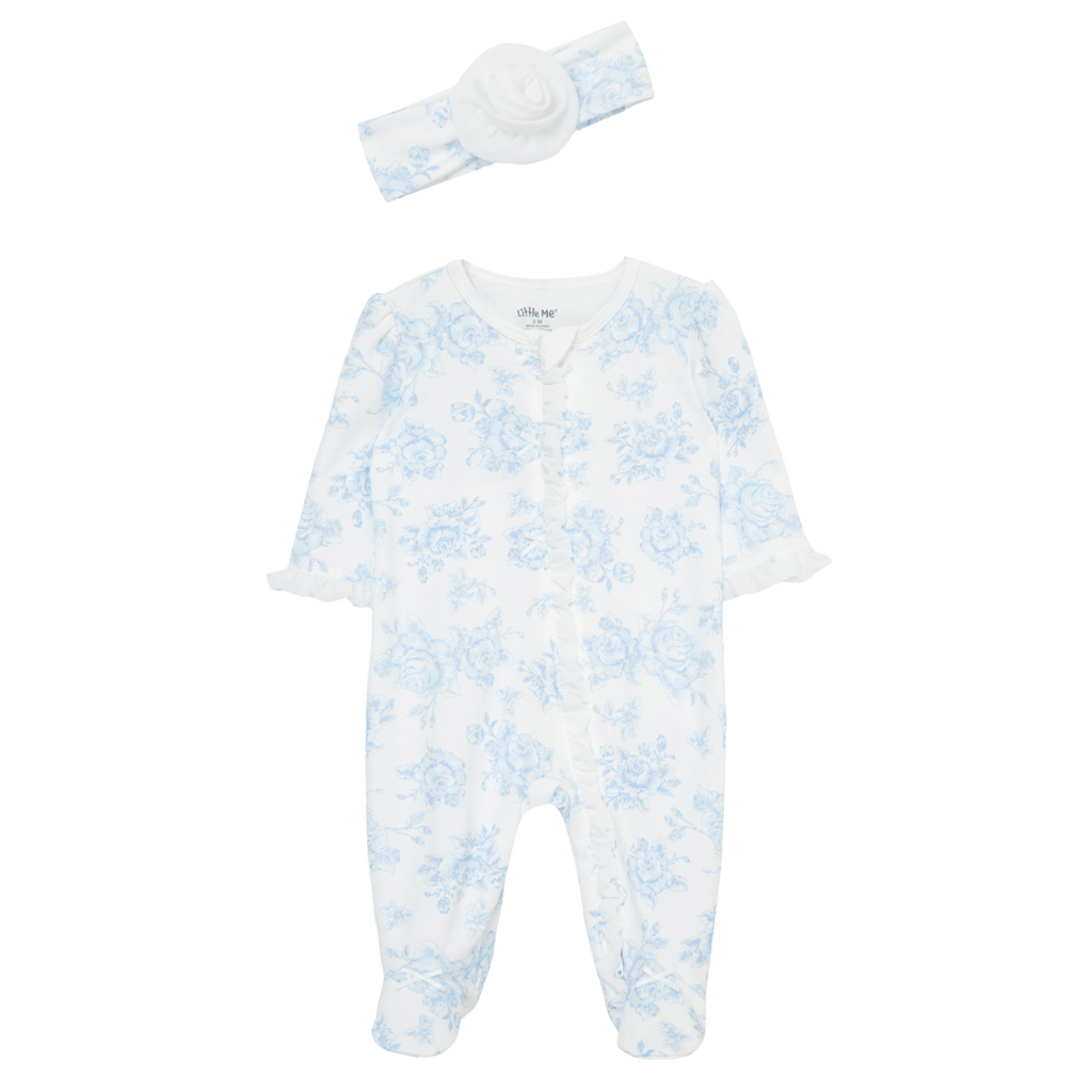 Little Me BLUE ROSES 2-WAY-ZIP FOOTIE W/HEADBAND