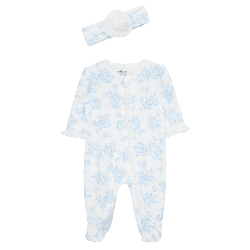 Little Me BLUE ROSES 2-WAY-ZIP FOOTIE W/HEADBAND