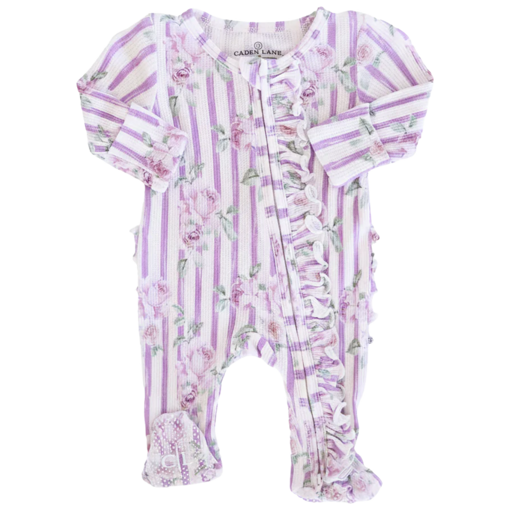 CADEN LANE LILA'S LILACS BAMBOO WAFFLE RUFFLE ZIPPER FOOTIE