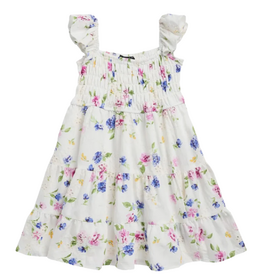 AVA & YELLY GIRL'S FLORAL EYELET DRESS-IVORY