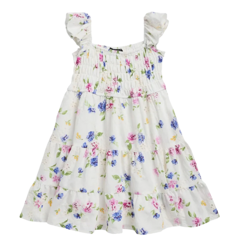 AVA & YELLY GIRL'S FLORAL EYELET DRESS-IVORY