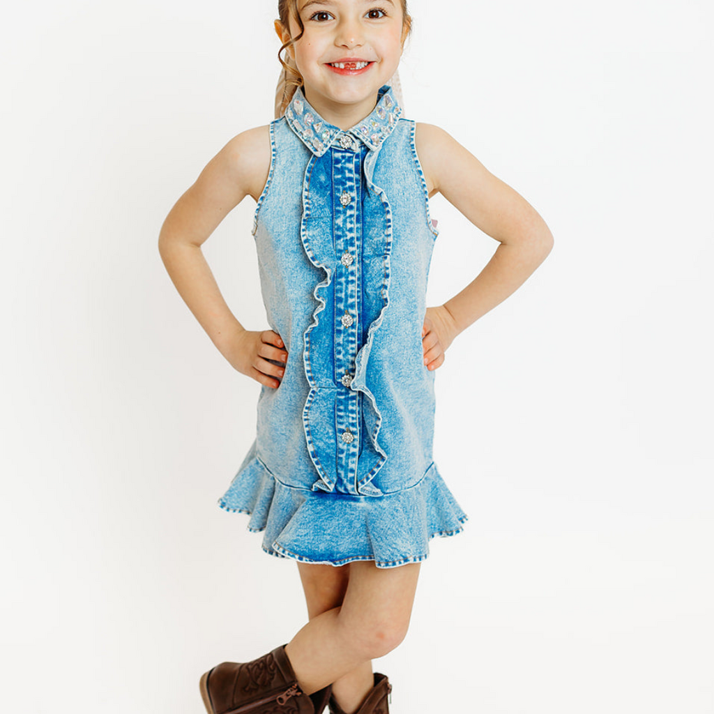 THREE WILDFLOWER DESIGN RUFFLE GEM DENIM DRESS