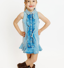 THREE WILDFLOWER DESIGN RUFFLE GEM DENIM DRESS