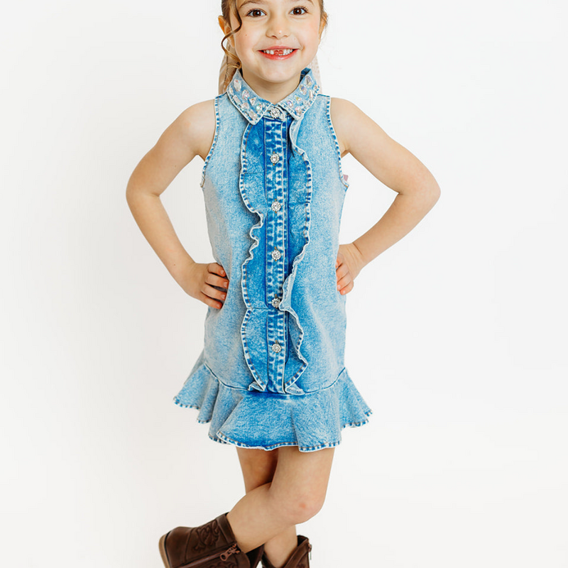THREE WILDFLOWER DESIGN RUFFLE GEM DENIM DRESS