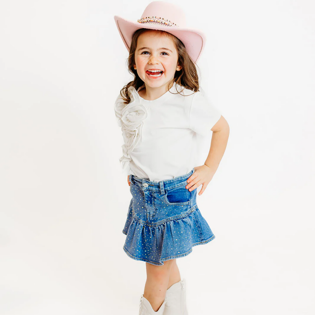 THREE WILDFLOWER DESIGN DENIM EMBELLISHED SKORT