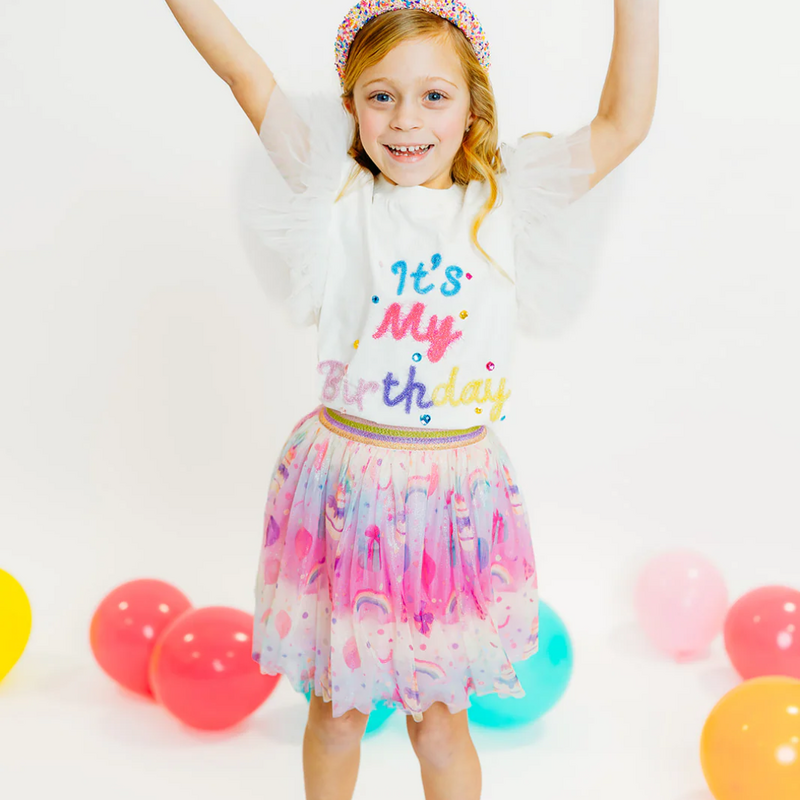 THREE WILDFLOWER DESIGN "IT'S MY BIRTHDAY" TULLE SLEEVE TOP