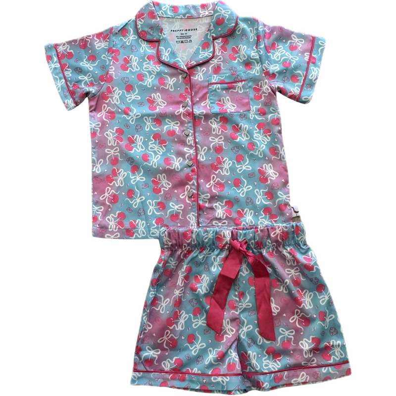PREPPY GOOSE CHERRIES SS SATIN PJ SHORT SET